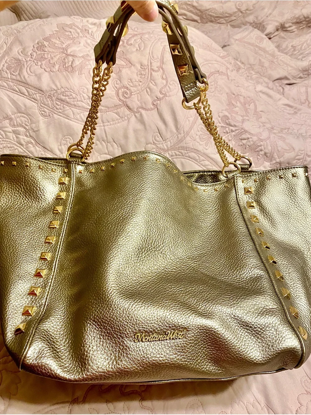Montana West Metallic Taupe Studded Chain-Handle Tote